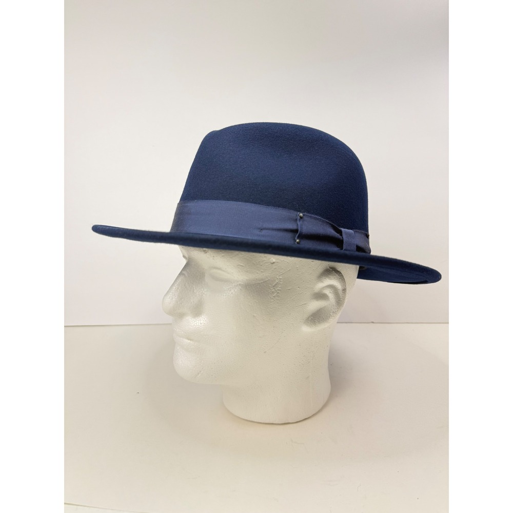 VTG Bailey of Hollywood Navy Blue Wool Felt Fedora Wide Brim Hat Grosgrain Band